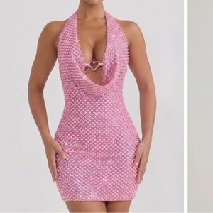 Marbella Embellished Heart-Detail Cowl-Neck Mini Dress in Pink oh Polly
